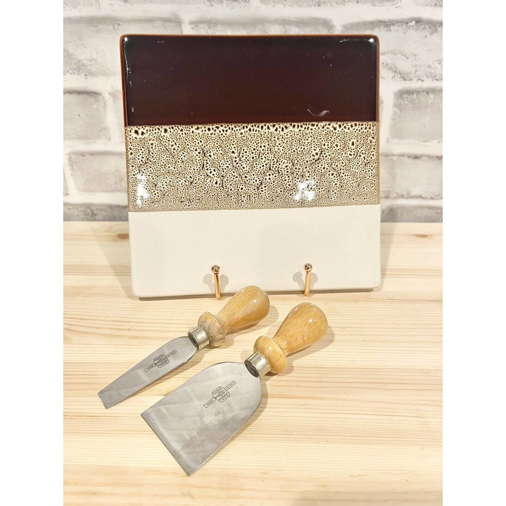 Pier 1 Imports Cheese Platter Stoneware with Knives 8” Tile FAMA Cheese Knife